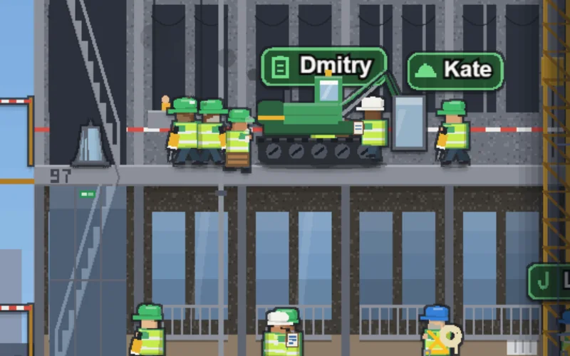 Green-vest builders and an excavator on the floors below the price, with name tags Dmitry, Kate and Lena.