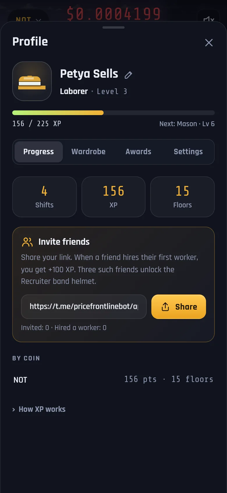 A player profile in the app: rank, level, XP bar, shifts, points and floors.